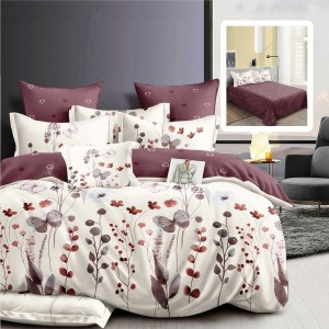 Set lenjerie de pat finet 6 piese cu fluturi si flori bordo pe fundal crem, cearceaf pilota 200x220 cm