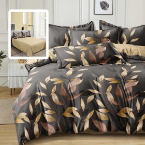 Set lenjerie de pat finet 6 piese cu frunze aurii si maro pe fundal gri antracit, cearceaf pilota 200x220 cm