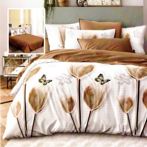 Set lenjerie de pat finet 6 piese cu lalele bej caramel si fluturi pe fundal alb, cearceaf pilota 200x220 cm