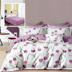 Set lenjerie de pat finet 6 piese cu lalele mov pe fundal crem, cearceaf pilota 200x220 cm
