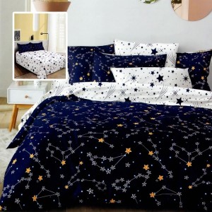Set lenjerie de pat finet 6 piese cu stele si constelatii alb si bleumarin, cearceaf pilota 200x220 cm
