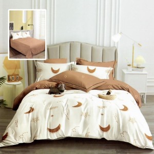 Set lenjerie de pat finet 6 piese cu stele si luna bej- caramel pe fundal crem, cearceaf pilota 200x220 cm