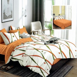Set lenjerie de pat finet 6 piese cu linii portocalii si verzi pe fundal crem, cearceaf pilota 200x220 cm