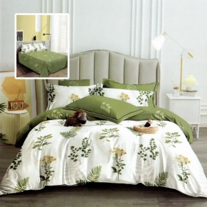 Set lenjerie de pat finet 6 piese cu frunze verzi pe fundal crem, cearceaf pilota 200x220 cm