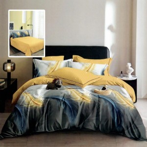 Set lenjerie de pat finet 6 piese cu cu pene galbene si albastre pe fundal gri, cearceaf pilota 200x220 cm