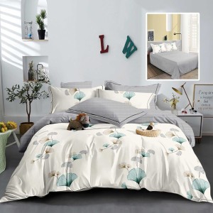 Lenjerie pat dublu finet 6 piese, model floral cu frunze verzi-bej, M526
