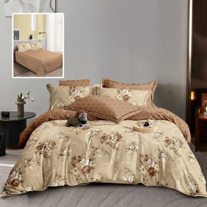 Lenjerie pat dublu finet 6 piese, design cu flori bej M528