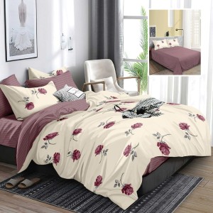 Lenjerie de pat dublu din finet cu trandafiri mov, set 6 piese M524