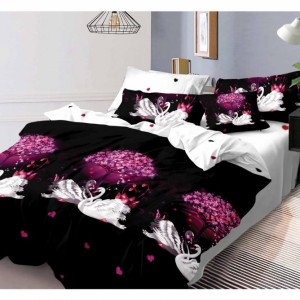 Lenjerie de pat cu lebede albe și copac roz pe fundal negru, fețe de pernă decorate și cearșaf alb cu inimioare negre și roșii
