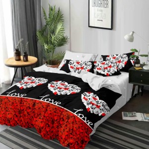 Lenjerie de pat cu inimi albe și roșii pe fundal negru, cuvântul 