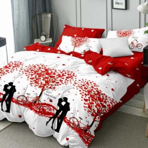 Lenjerie de pat dublu din finet cu 6 piese, model Valentine's Day cu inimioare și cuplu pe fundal alb și roșu