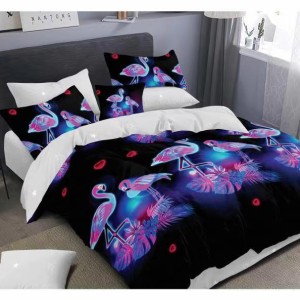 Lenjerie de pat dublu din finet cu 6 piese, design modern cu flamingo neon roz și albastru pe fundal negru