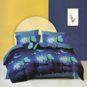Lenjerie de pat dublu din finet cu 6 piese, decorată cu fluturi turcoaz și motive florale.