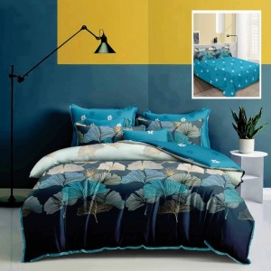 Lenjerie de pat dublu din finet, 6 piese, model frunze albastre, culori albastru închis și bej