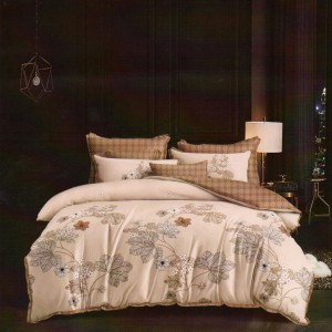 Lenjerie de pat dublu din finet, 6 piese, model flori elegante, culori crem și maro