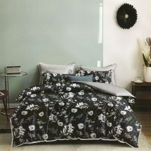 Lenjerie de pat dublu din finet, 6 piese, model flori elegante, culori negru, alb și gri