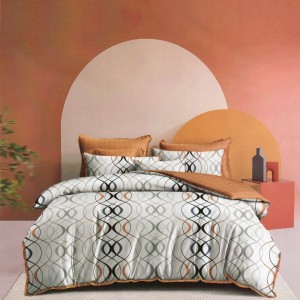 Lenjerie de pat dublu din finet, 6 piese, model linii și cercuri intercalate, culori alb, portocaliu și gri