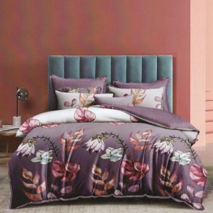 Lenjerie de pat dublu din finet cu 6 piese, design floral multicolor pe fundal mov