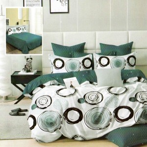 Lenjerie de pat dublu din finet cu 6 piese, design modern cu cercuri verzi și negre pe fundal alb