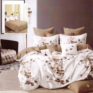 Lenjerie de pat dublu din finet cu 6 piese, design elegant cu flori bej și maro pe fundal alb