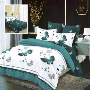 Lenjerie de pat dublu din finet cu 6 piese, design elegant cu fluturi verzi și negri pe fundal alb