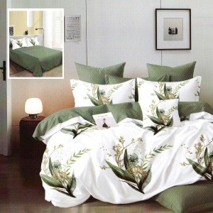 Lenjerie de pat dublu din finet cu 6 piese, design elegant cu frunze verzi pe fundal alb