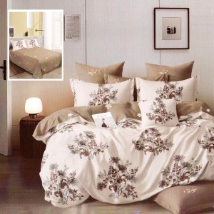 Lenjerie de pat dublu finet cu motive florale în nuanțe de maro pe fundal bej, 6 piese