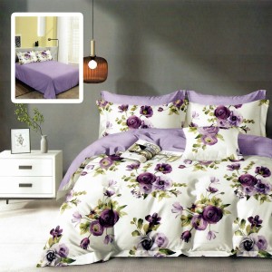 Lenjerie de pat dublu din finet, 6 piese, model flori mov, culori alb și lila