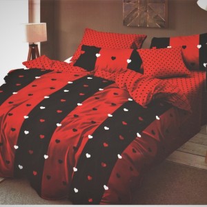 Lenjerie de pat dublu din finet cu 6 piese, Ralex Pucioasa, cod FN51, design romantic cu inimioare roșu și negru