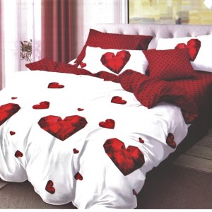 Lenjerie de pat dublu finet cu inimi roșii stil bijuterie pe fundal alb și roșu, 6 piese