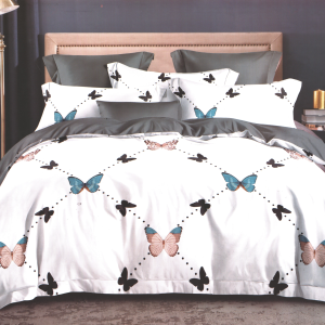 Lenjerie de pat dublu din finet cu 6 piese, Ralex Pucioasa, cod FN59, design elegant cu fluturi colorați pe fundal alb