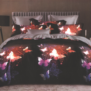 Lenjerie de pat dublu din finet cu 6 piese, design vibrant cu fluturi luminoși pe fundal negru