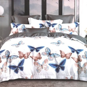 Lenjerie de pat dublu din finet cu 6 piese, design elegant cu fluturi albastri și maro pe fundal alb