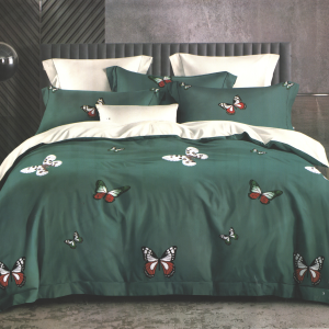 Lenjerie de pat dublu din finet cu 6 piese, Ralex Pucioasa, cod FN63, design elegant cu fluturi colorați pe fundal verde închis