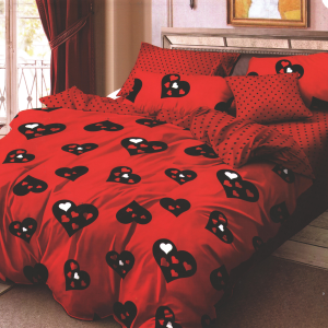 Lenjerie de pat dublu din finet cu 6 piese, design romantic cu inimioare negre și albe pe fundal roșu