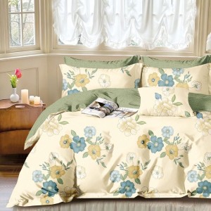 Lenjerie pat percale bumbac 100% flori galben bleu 6 piese, fabricata in Romania