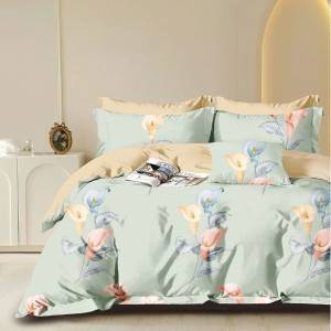 Lenjerie pat percale bumbac 100% cu flori de cală pastel pe fundal verde mentă