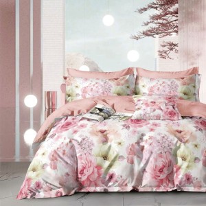 Lenjerie pat percale bumbac 100% cu design floral în tonuri de roz, ivory și verde pastel