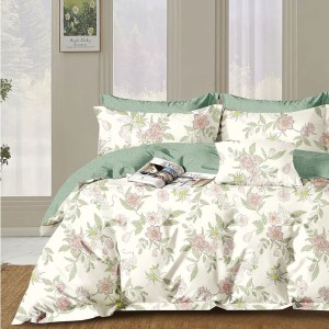 Lenjerie pat percale bumbac 100% cu design floral botanic în nuanțe pastel și fundal crem