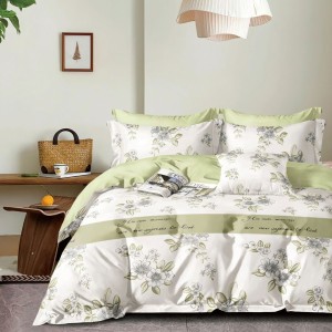 Lenjerie pat percale bumbac 100% cu design floral și accente verde oliv, mesaj decorativ