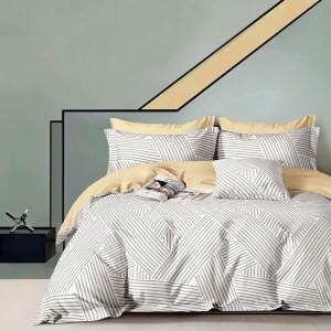 Lenjerie pat percale bumbac 100% cu imprimeu geometric crem-gri