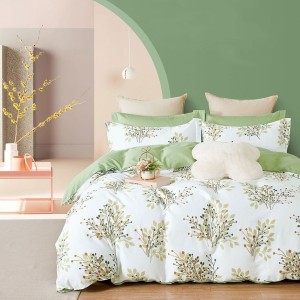 lenjerie pat percale bumbac 100% cu imprimeu vegetal în tonuri de verde, bej și ocru