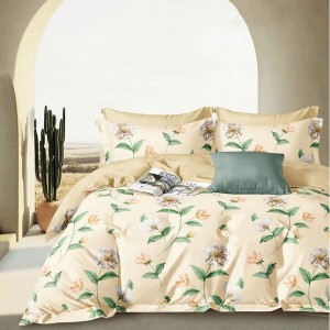enjerie crem cu flori pastel și frunze verzi, bumbac percale, fabricata in Romania