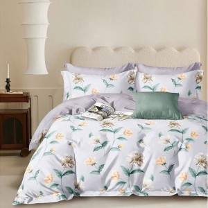 Lenjerie gri cu flori crem și piersică din bumbac 100% percale, fabricata in Romania