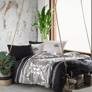 Lenjerie de pat dublu satin de lux Ahiska cu flori alb-negru și borduri decorative