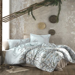 Lenjerie de pat dublu satin de lux mint cu design de ramuri și flori