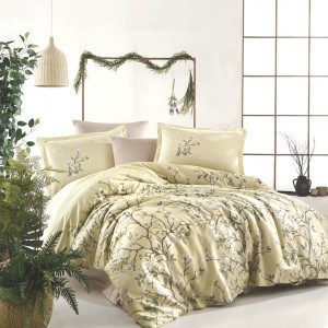 Lenjerie de pat dublu satin de lux galben pal cu design de ramuri și flori