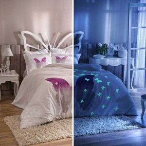 Lenjerie de pat din bumbac 100% satinat cu fluturi fosforescenți, 4 piese, TAC, lumină în întuneric