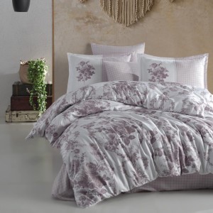 Lenjerie de pat Freda cu flori violet pe fundal alb și model geometric alb pe violet, din bumbac satinat.