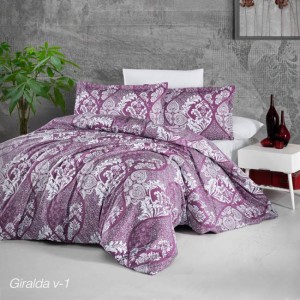 Lenjerie de pat bumbac satinat model Giralda cu model floral alb, accente geometrice și fundal mov intens